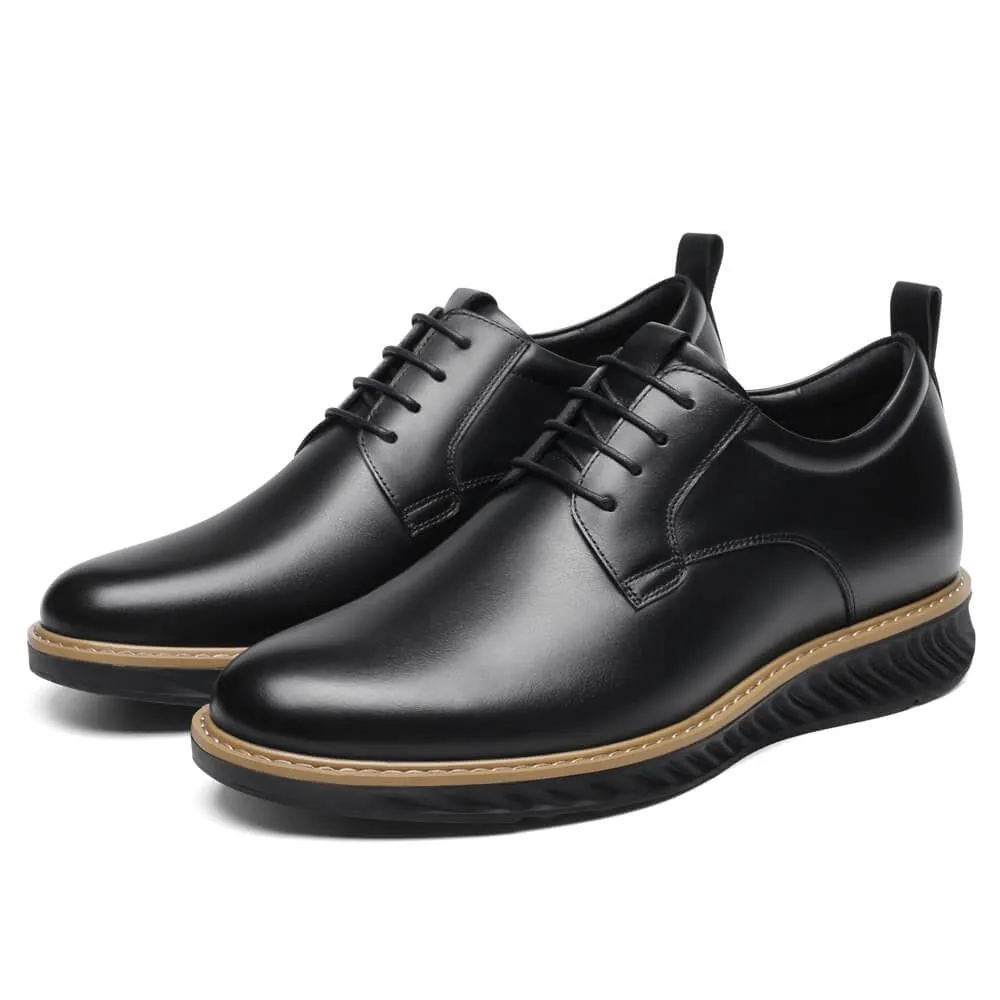 7CM / 2.76 Inches CMR CHAMARIPA Black Painted Calfskin Leather Elevator Shoes for Men - Elevate Your Business Casual Look