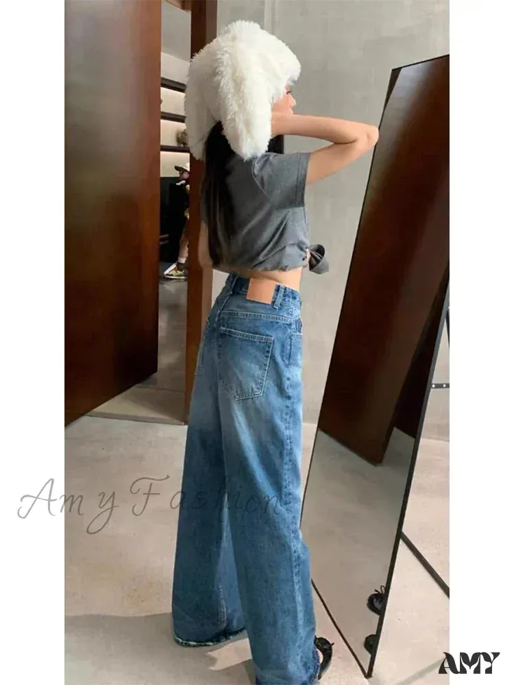 Amy Fashion - High Quality High-Waisted Vintage Denim Women's Frayed Versatile Blue Straight Wide-Leg Ladies 2024 Autumn Jean