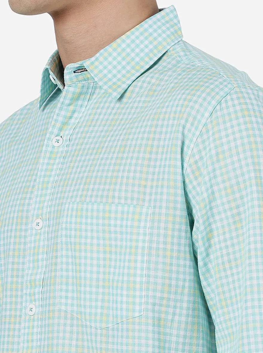 Aqua Green Checked Slim Fit Casual Shirt | JadeBlue