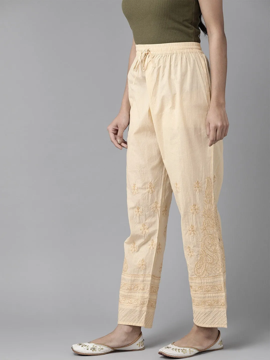 Beige Cotton Chikankari Sustainable Trousers