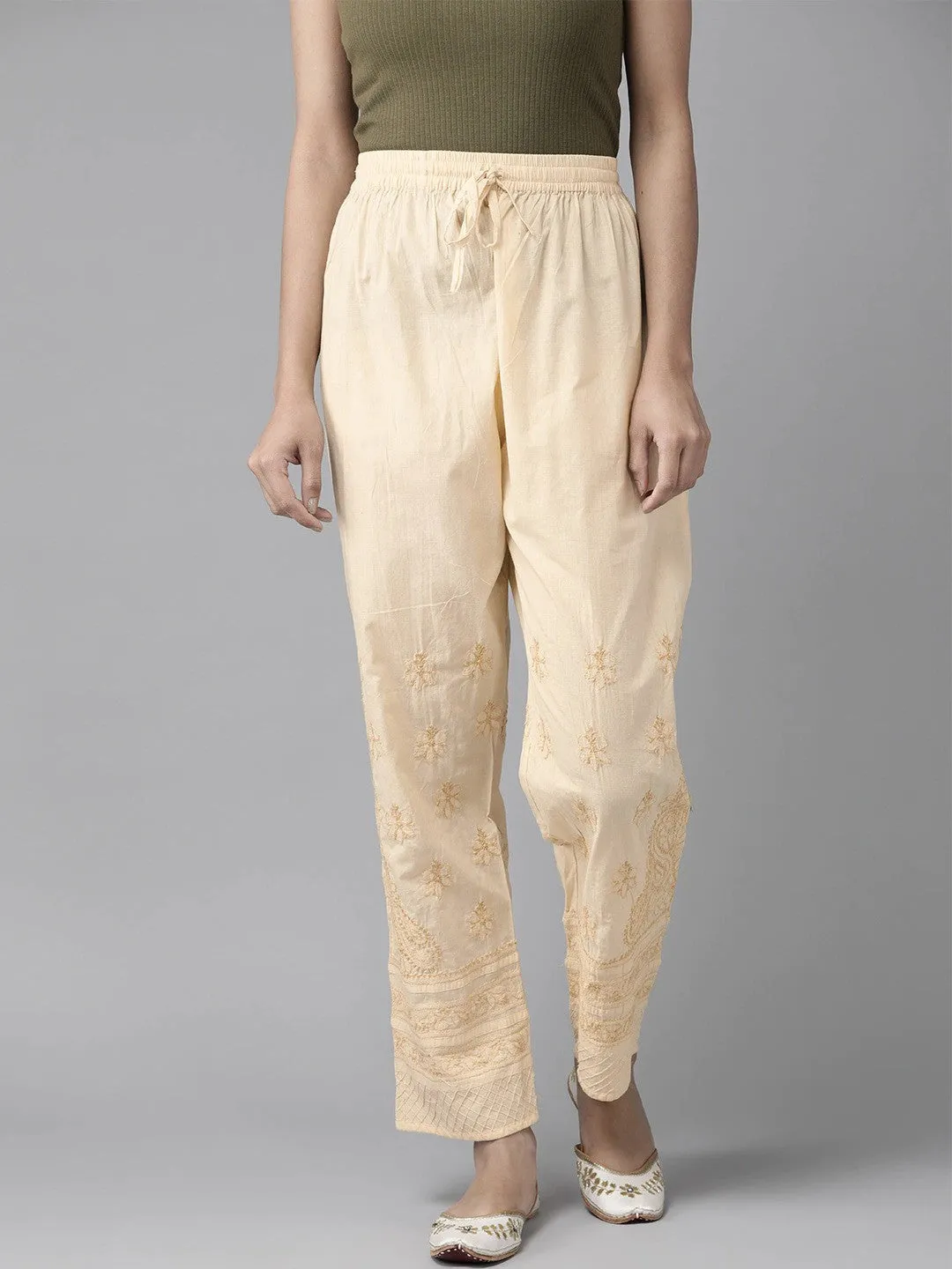 Beige Cotton Chikankari Sustainable Trousers