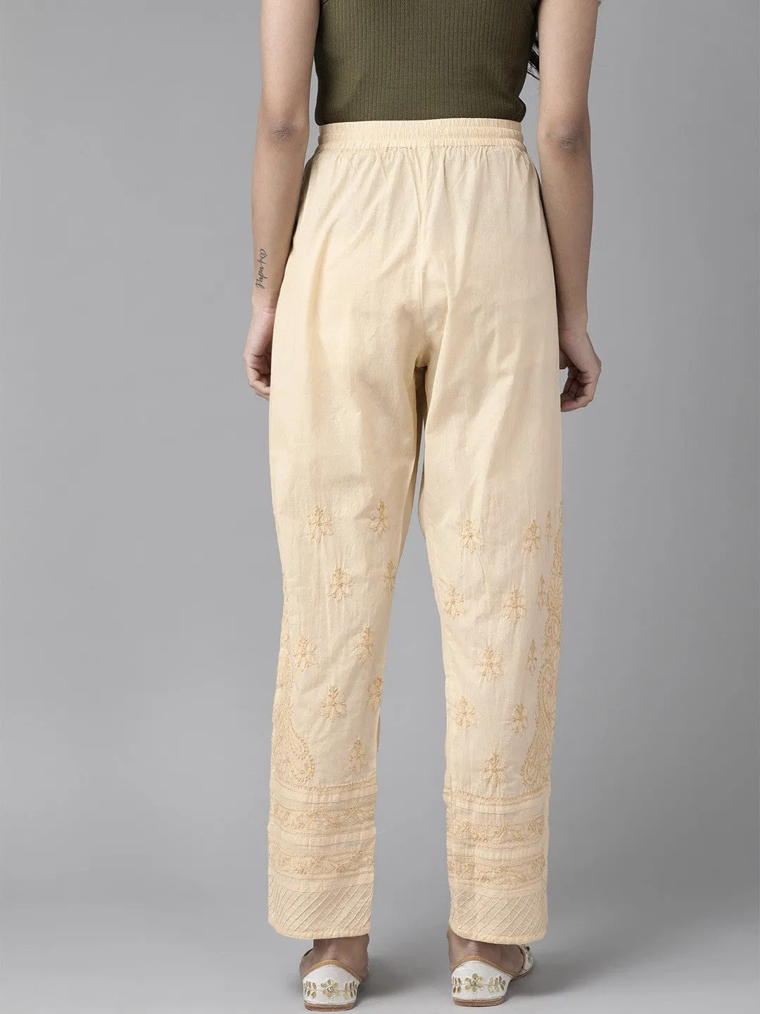 Beige Cotton Chikankari Sustainable Trousers