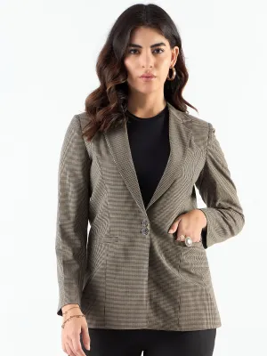 Beige Poly Viscose Notched Lapel Refined Check Blazer