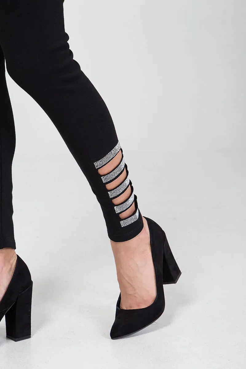 Black Diamante Ankle Cut Out Leggings