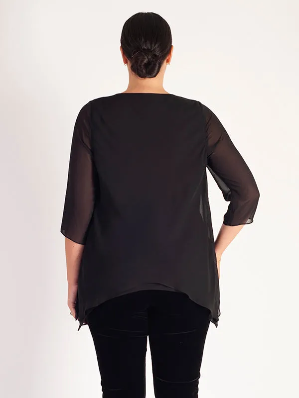 Black Fancy Double Layered Chiffon Long Sleeve Top