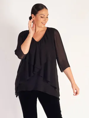 Black Fancy Double Layered Chiffon Long Sleeve Top