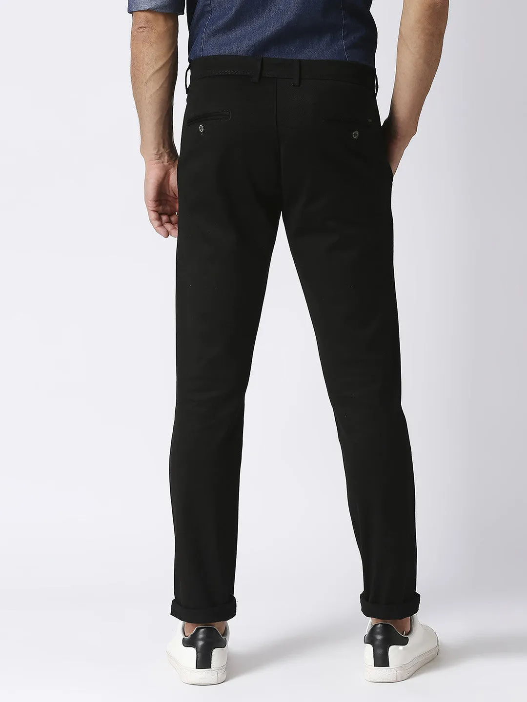 Black Slim Tapered Cotton Dobby Lycra Trouser