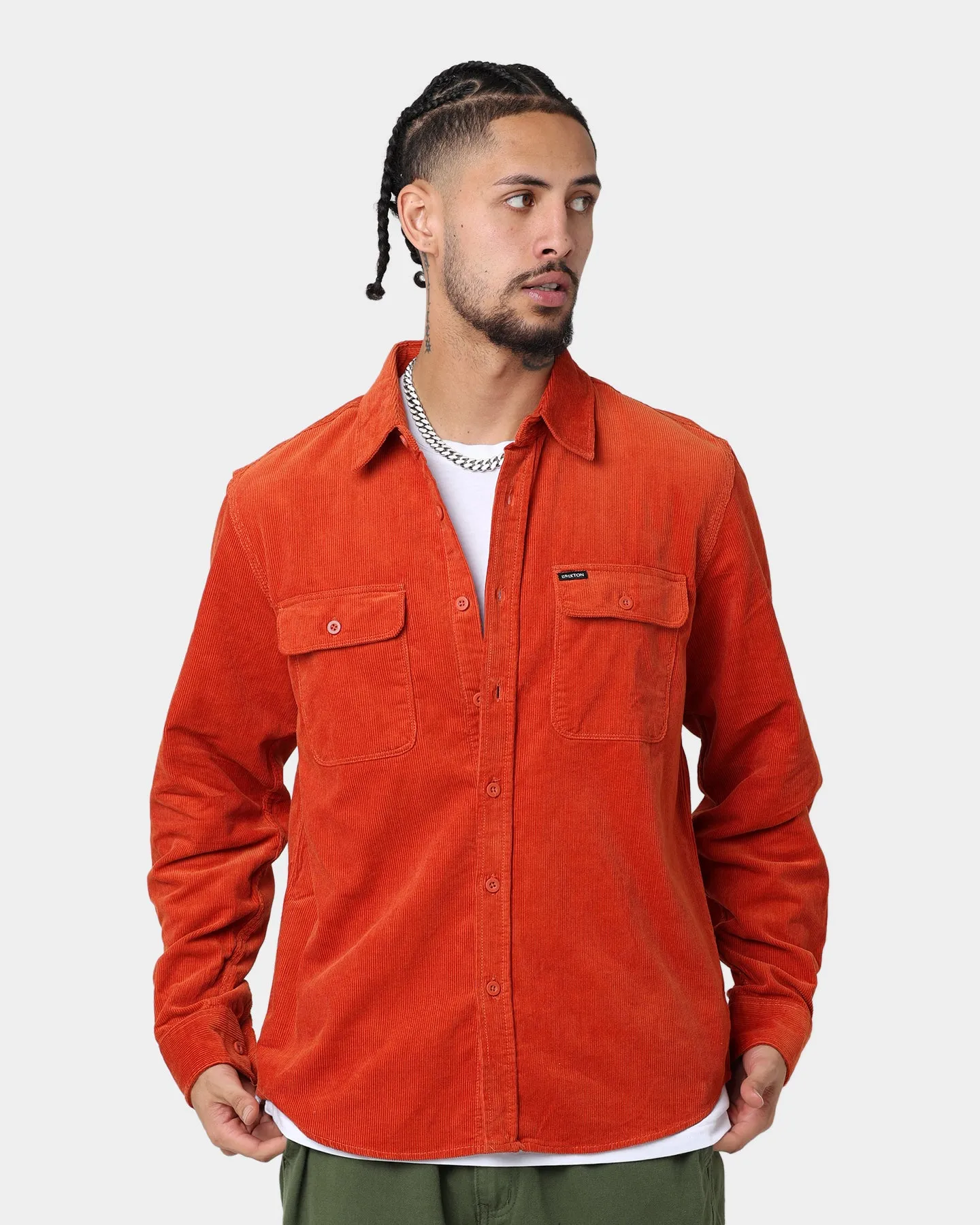 Brixton Bowery Corduroy Long Sleeve Button Up Phoenix Orange