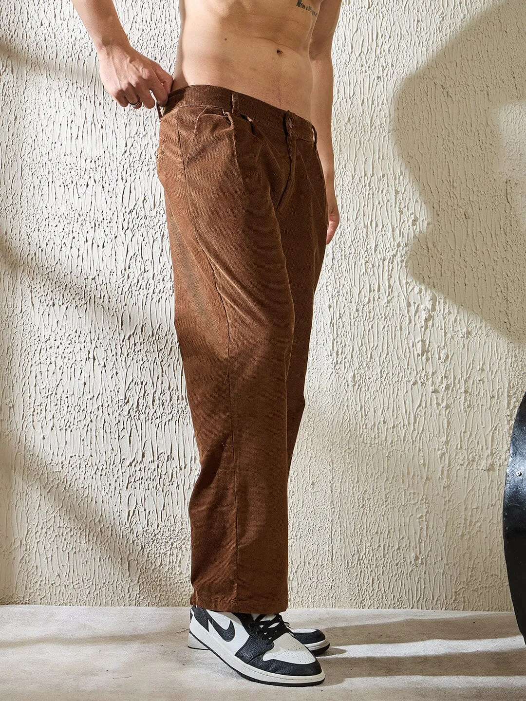 Brown Textured Velvet Pleated Trousers