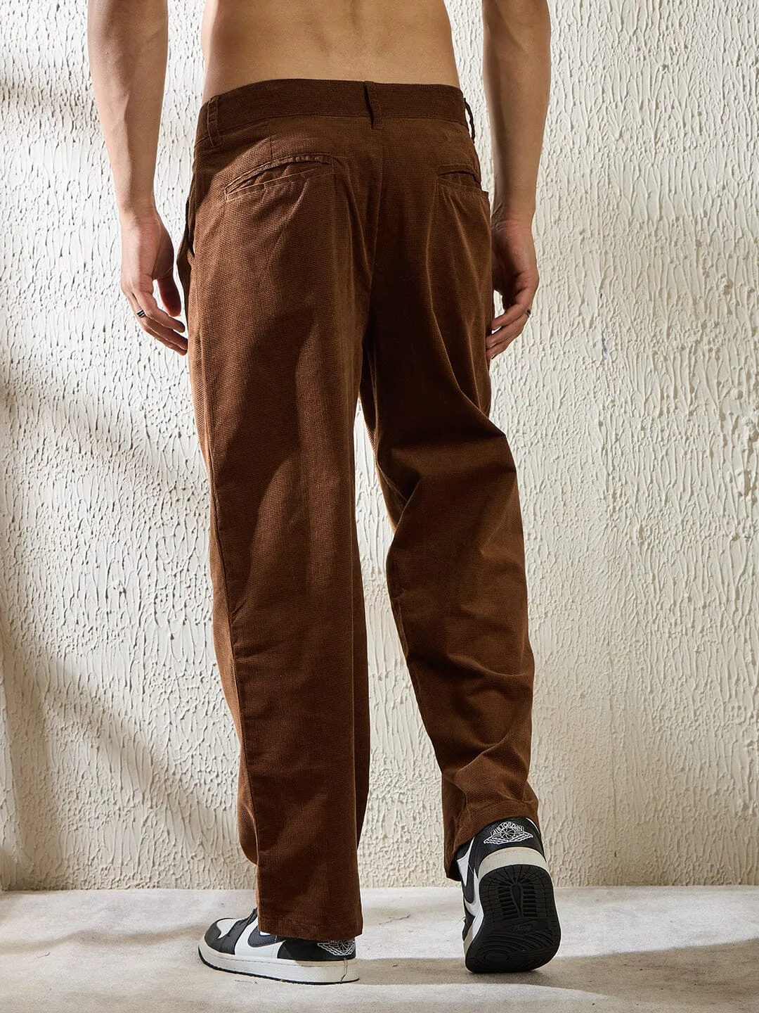 Brown Textured Velvet Pleated Trousers