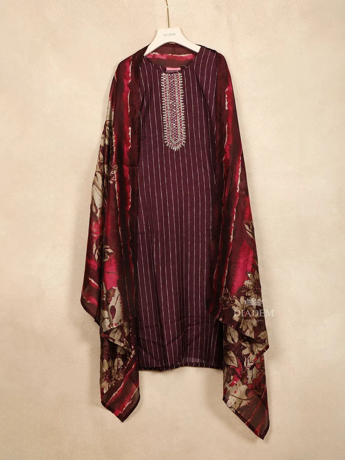 Burgundy Straight Cut Salwar Suit Adorned with Sequins and Stripes Design Paired with Dupatta