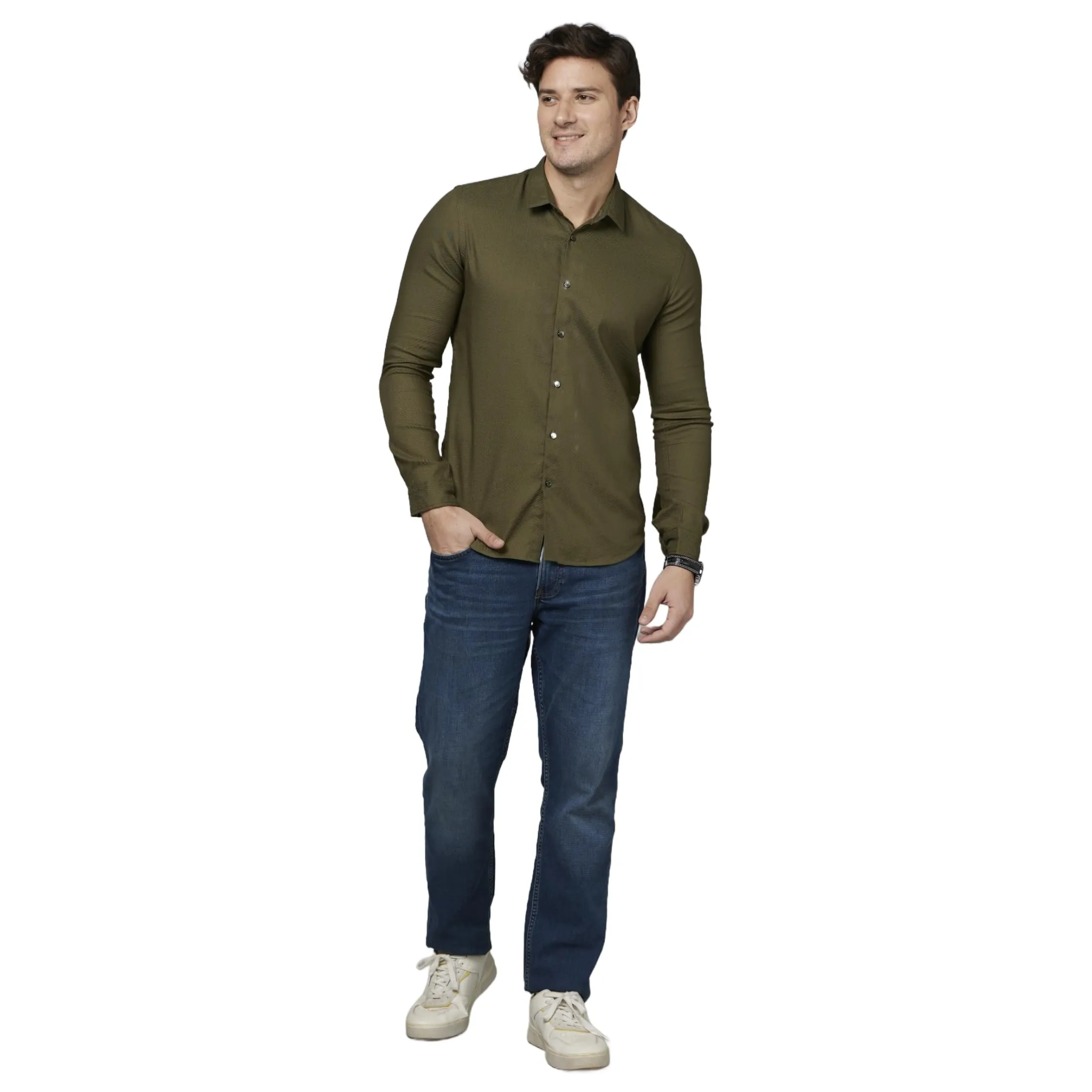 Celio Solid Olive Long Sleeves Casual Shirt