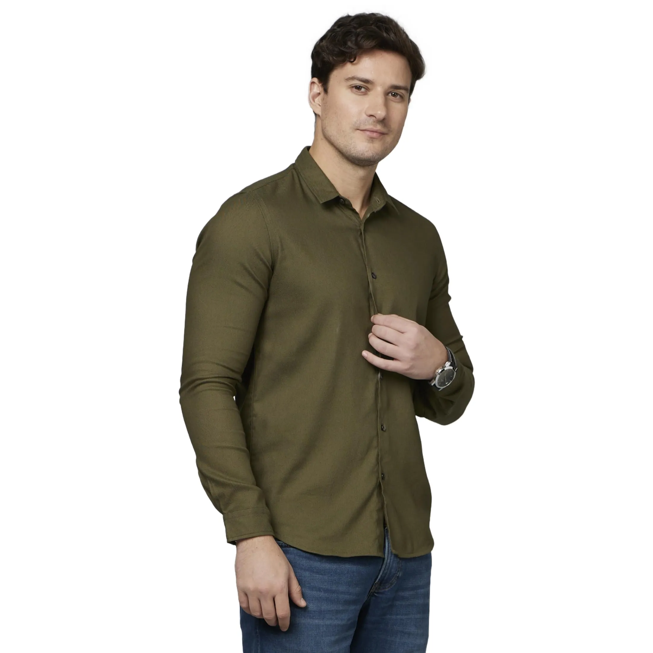 Celio Solid Olive Long Sleeves Casual Shirt