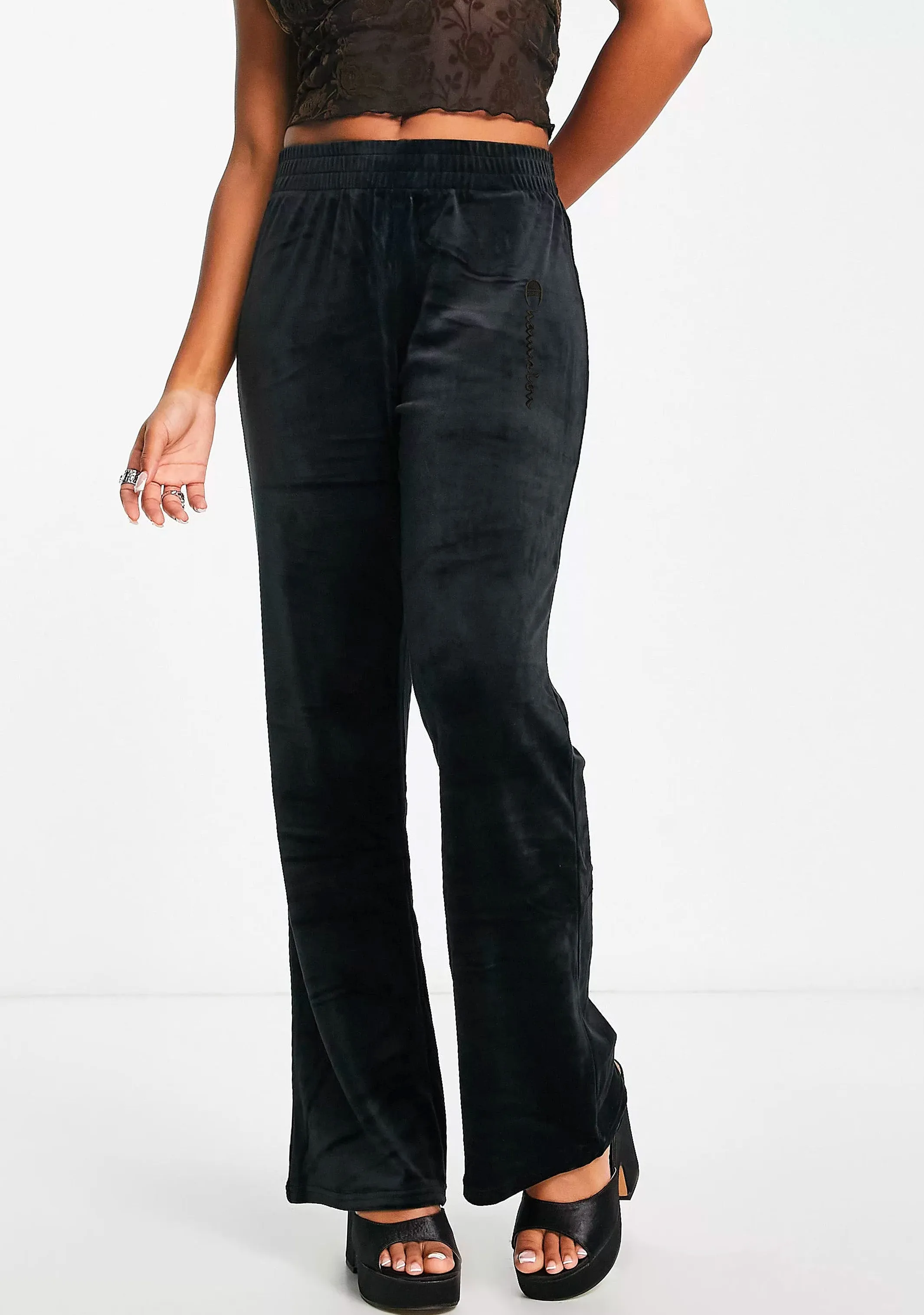 Champion Womens Wide Leg Velvet Velour Pants Black <br> CRXQN BLK