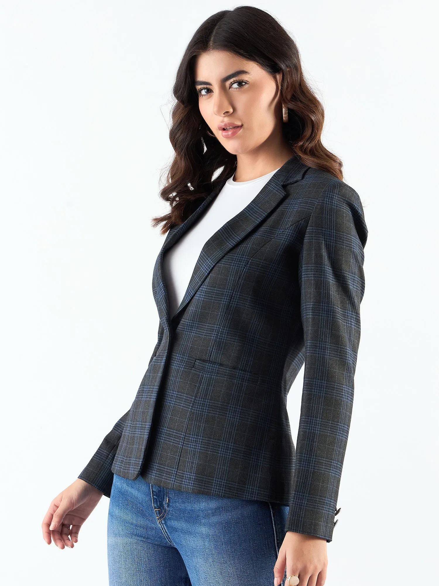 Classic Blue Poly Viscose Notched Collar Checkered Blazer