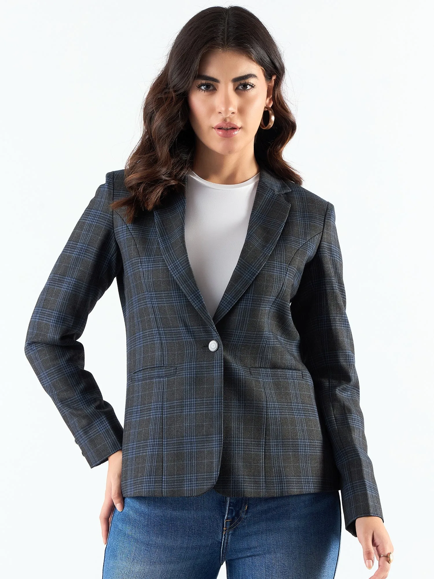 Classic Blue Poly Viscose Notched Collar Checkered Blazer