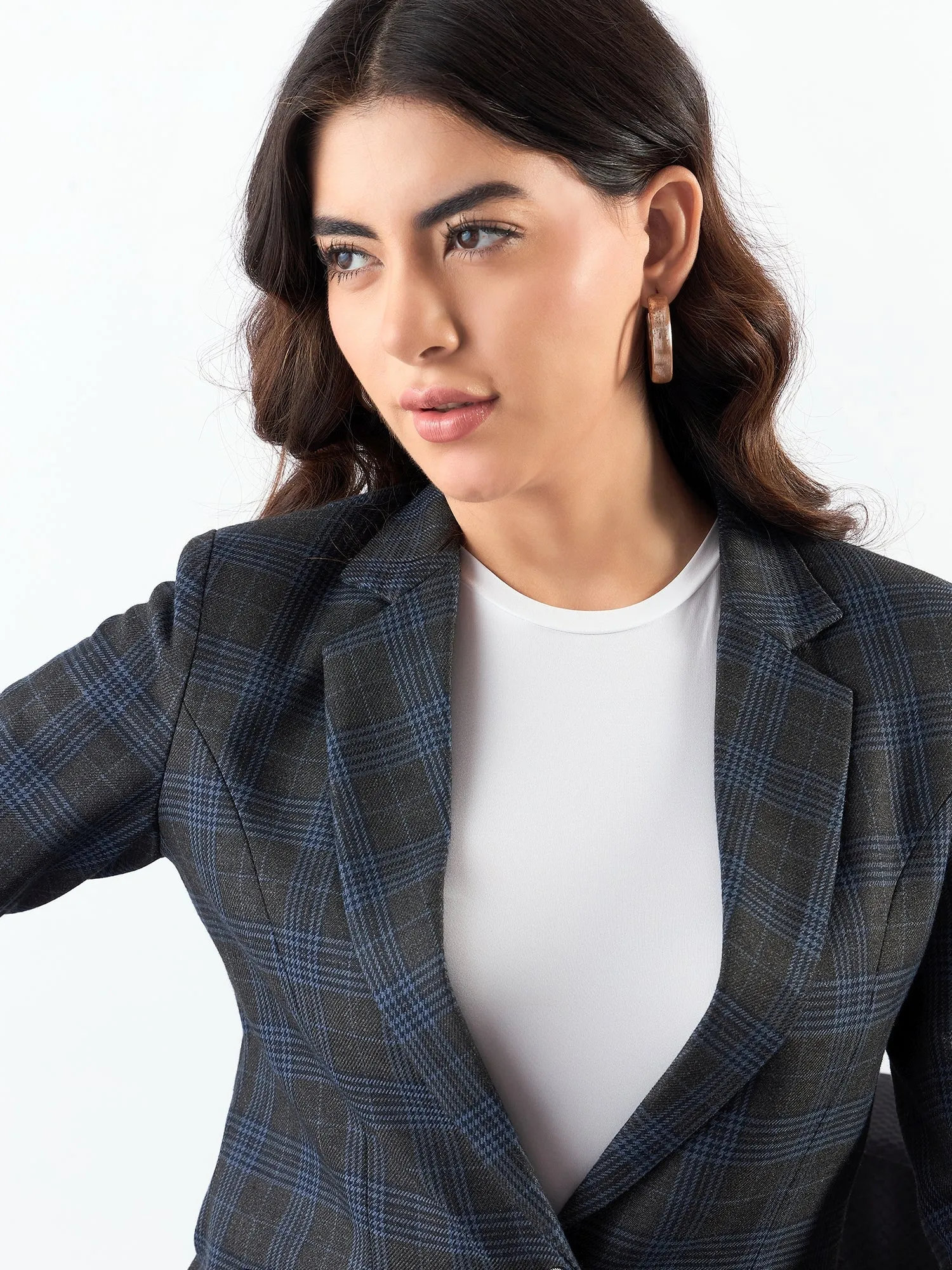 Classic Blue Poly Viscose Notched Collar Checkered Blazer