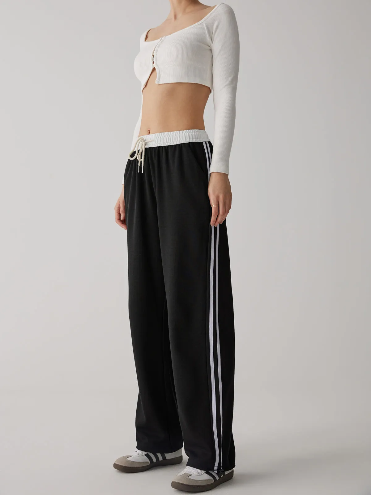 Contrast Waist Graceful Wide Leg Pants