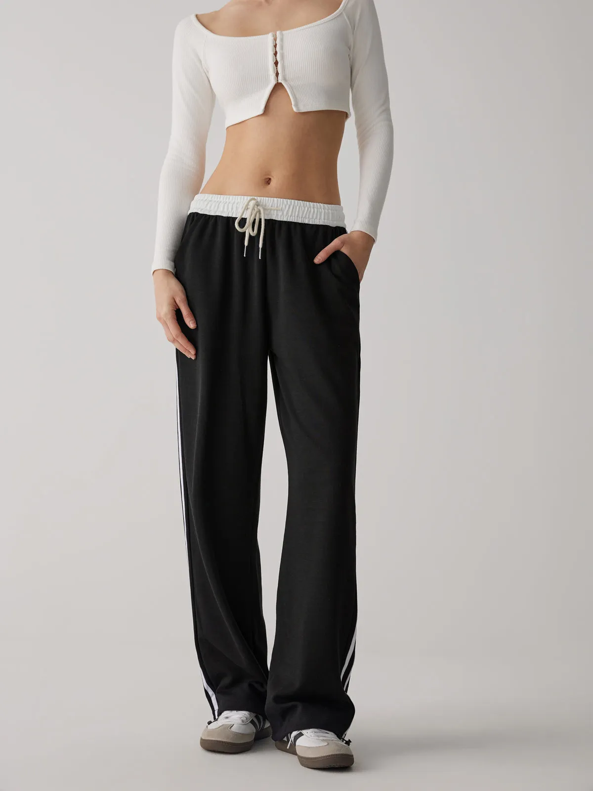 Contrast Waist Graceful Wide Leg Pants