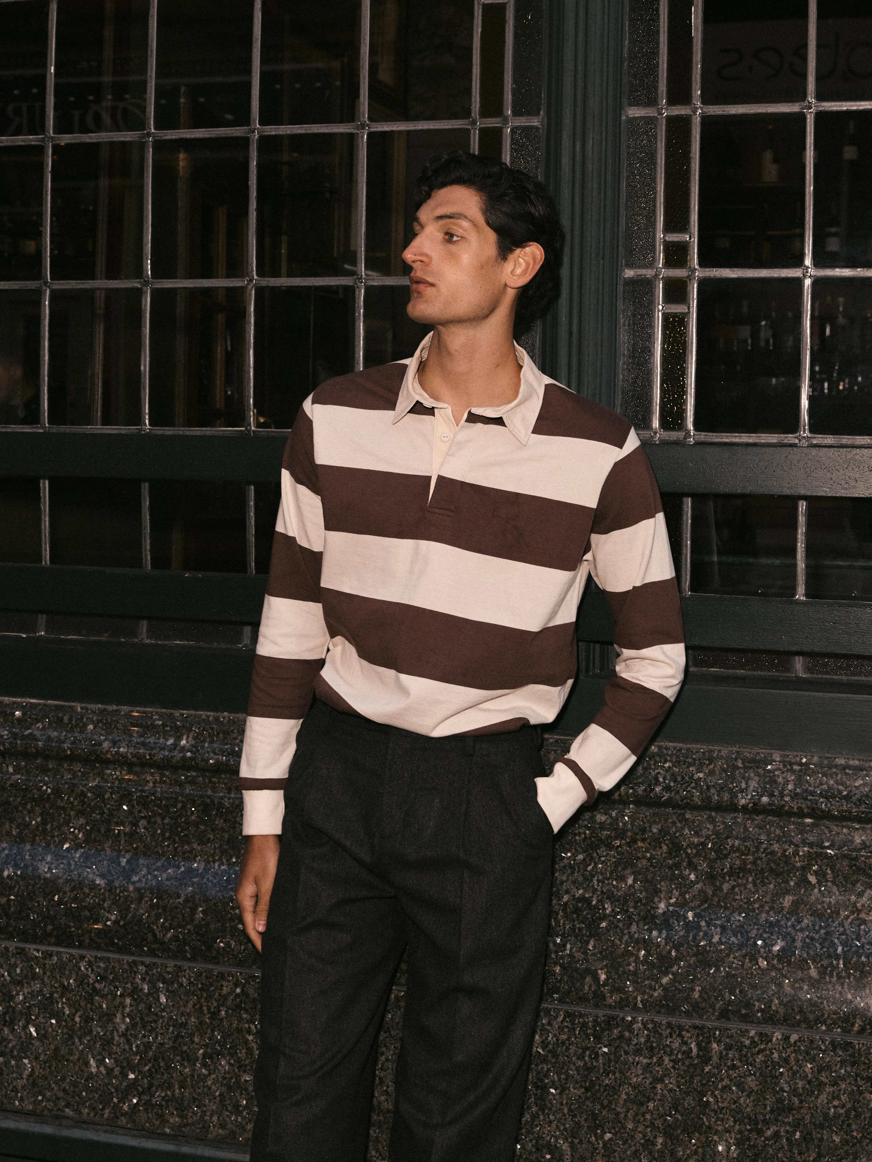 Cotton Rugby Shirt in Brown Stripe