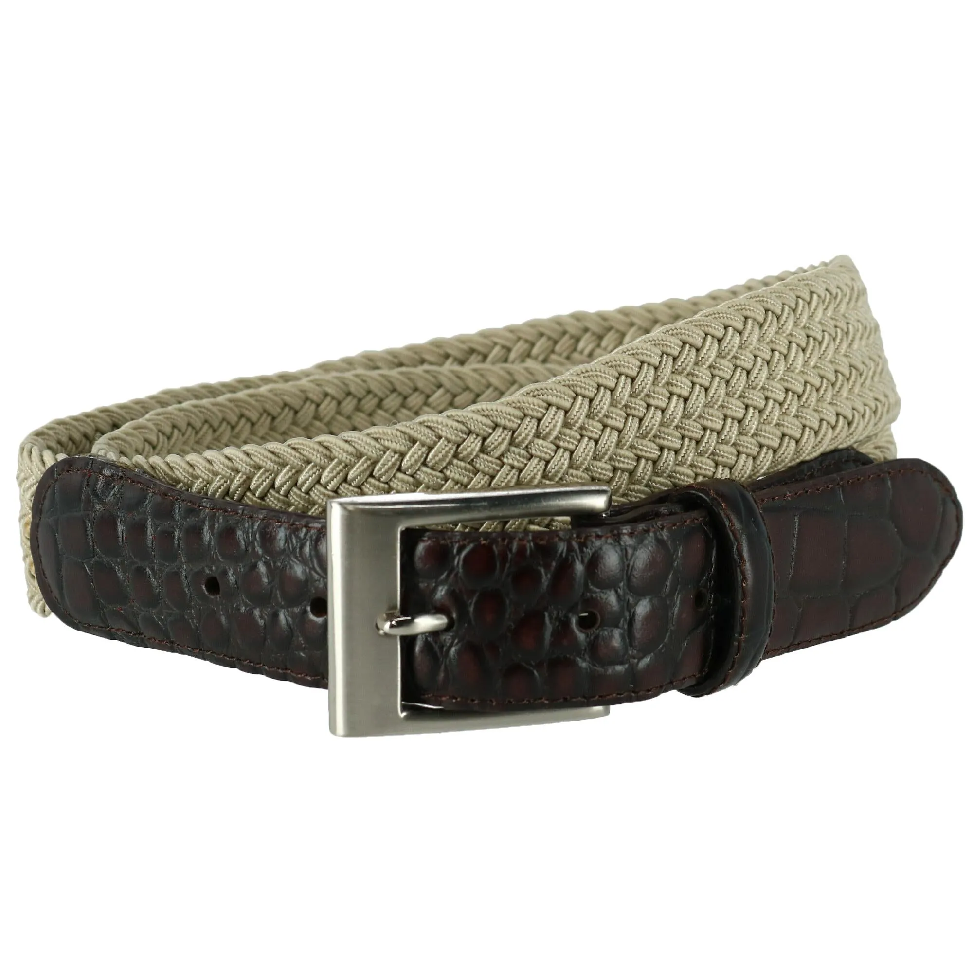 CTM® Men's Braided Elastic Stretch Belt with Croc Print End Tabs