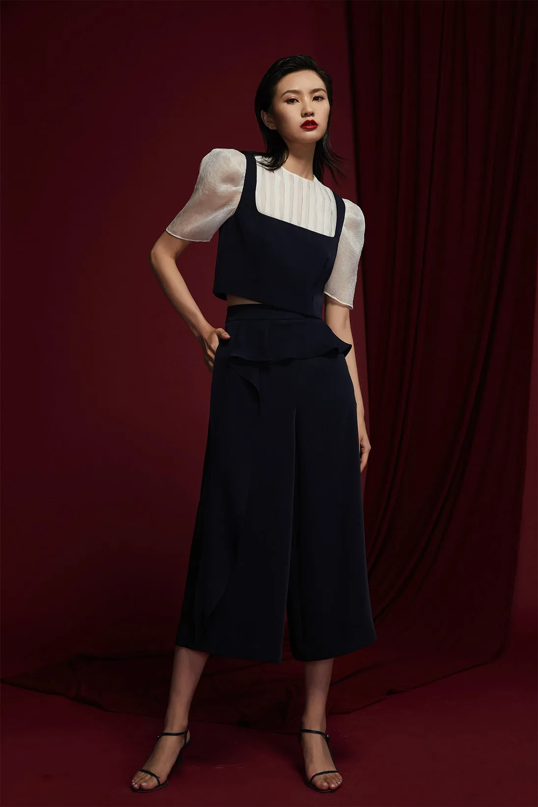 Decorative Ruffled Cropped High-Waist Pants