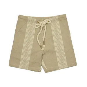 Drawstring fatigue shorts in striped natural linen and cotton canvas