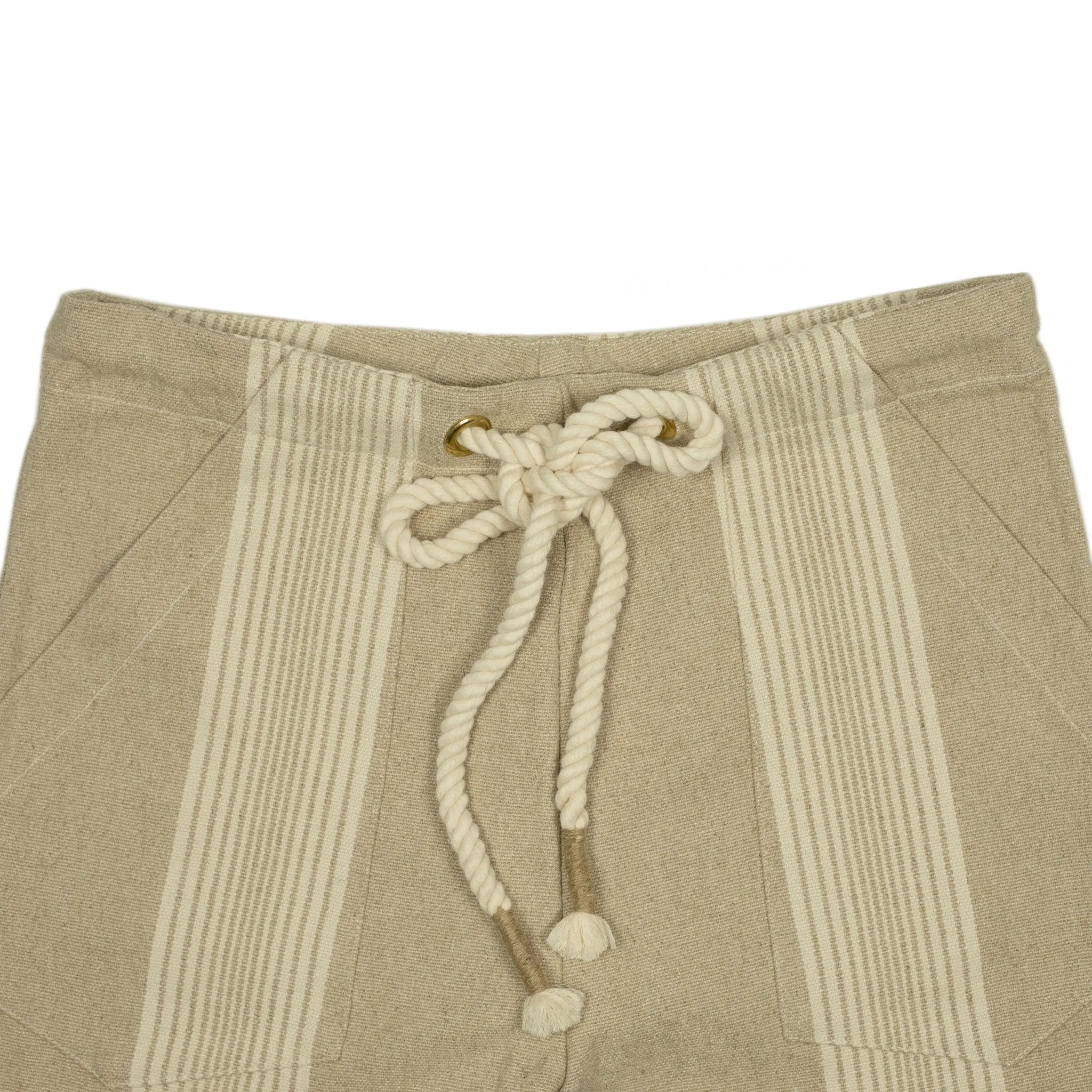 Drawstring fatigue shorts in striped natural linen and cotton canvas