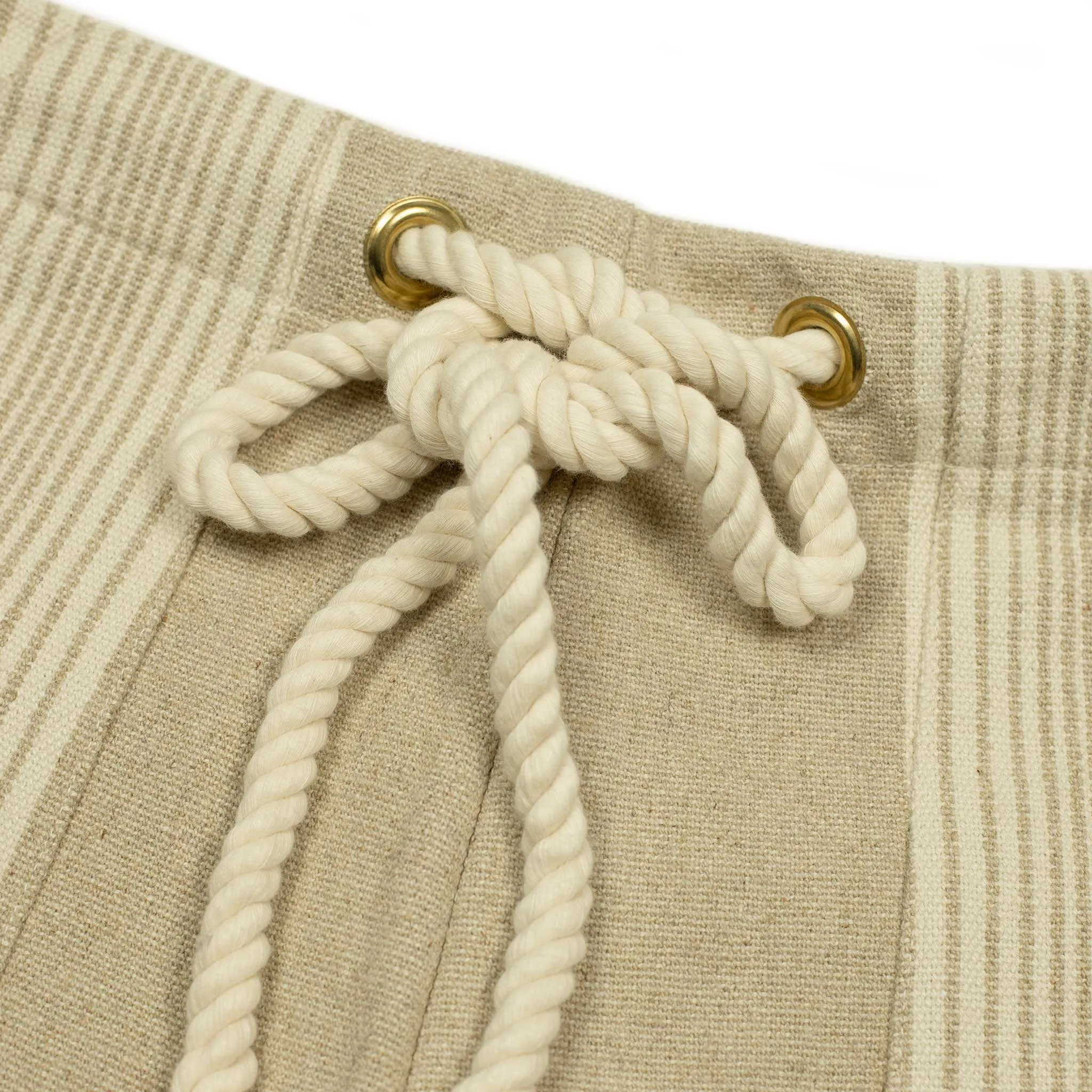 Drawstring fatigue shorts in striped natural linen and cotton canvas