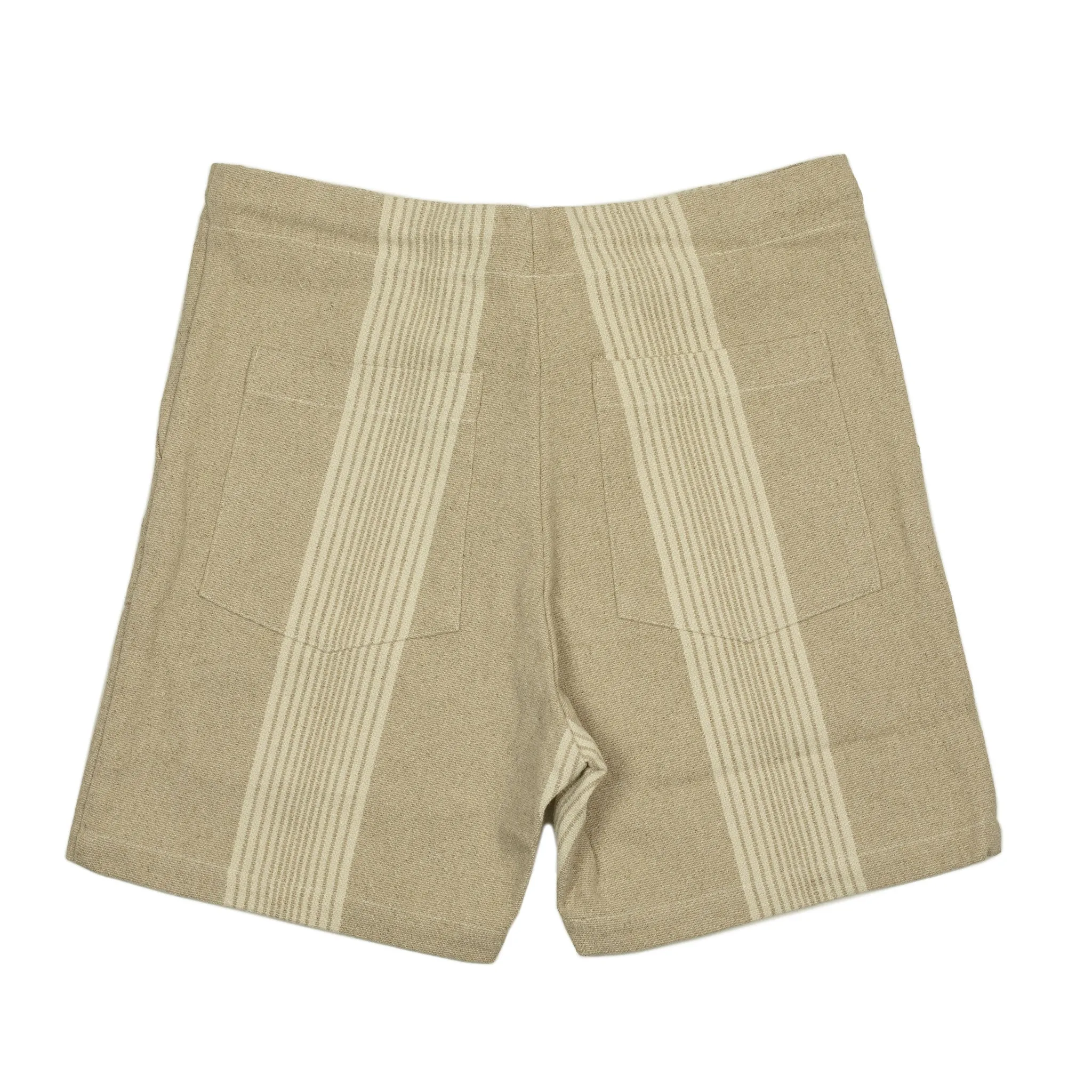 Drawstring fatigue shorts in striped natural linen and cotton canvas