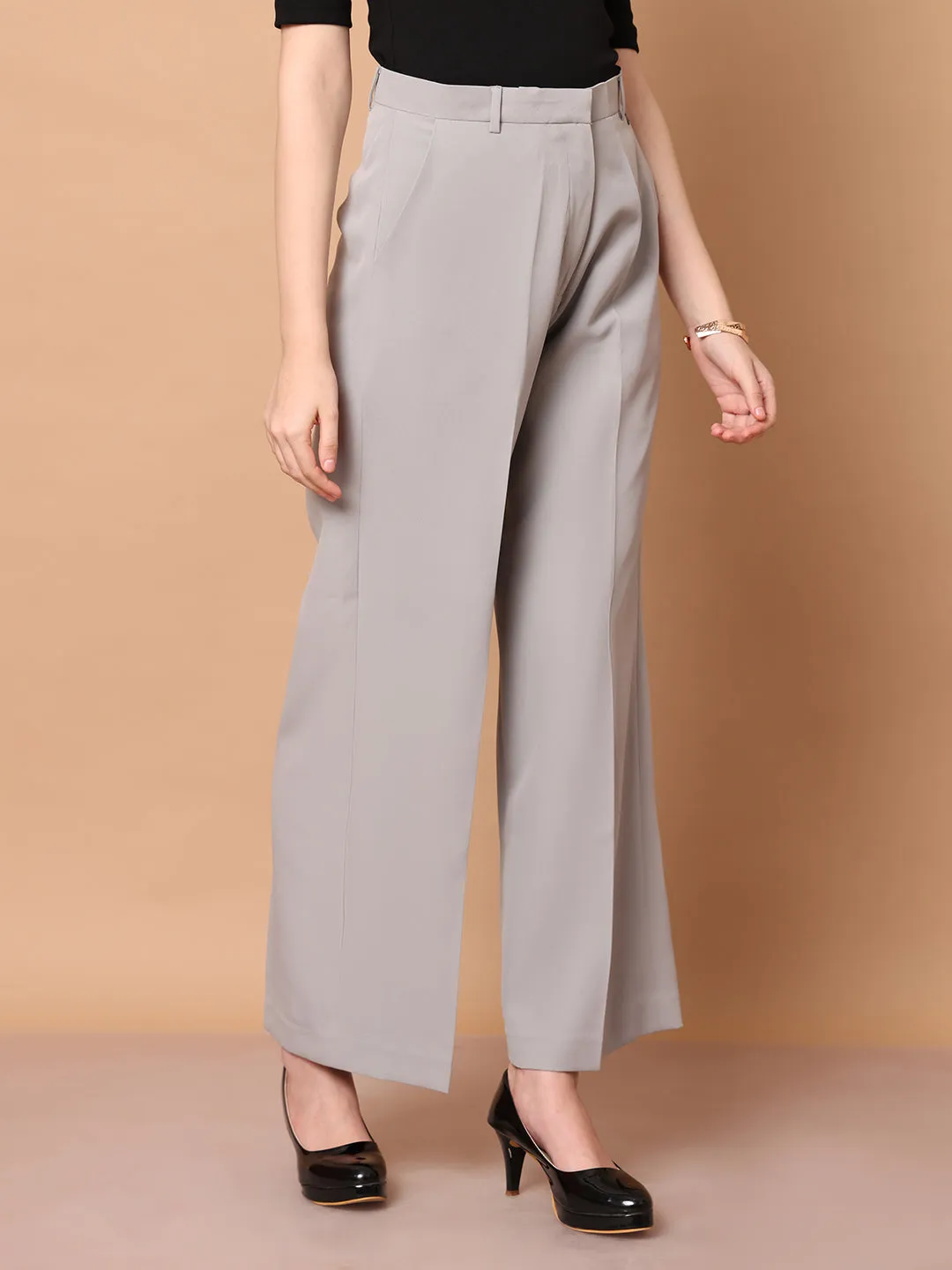 Grey Blended Empowered Chic Wide Leg Trouser