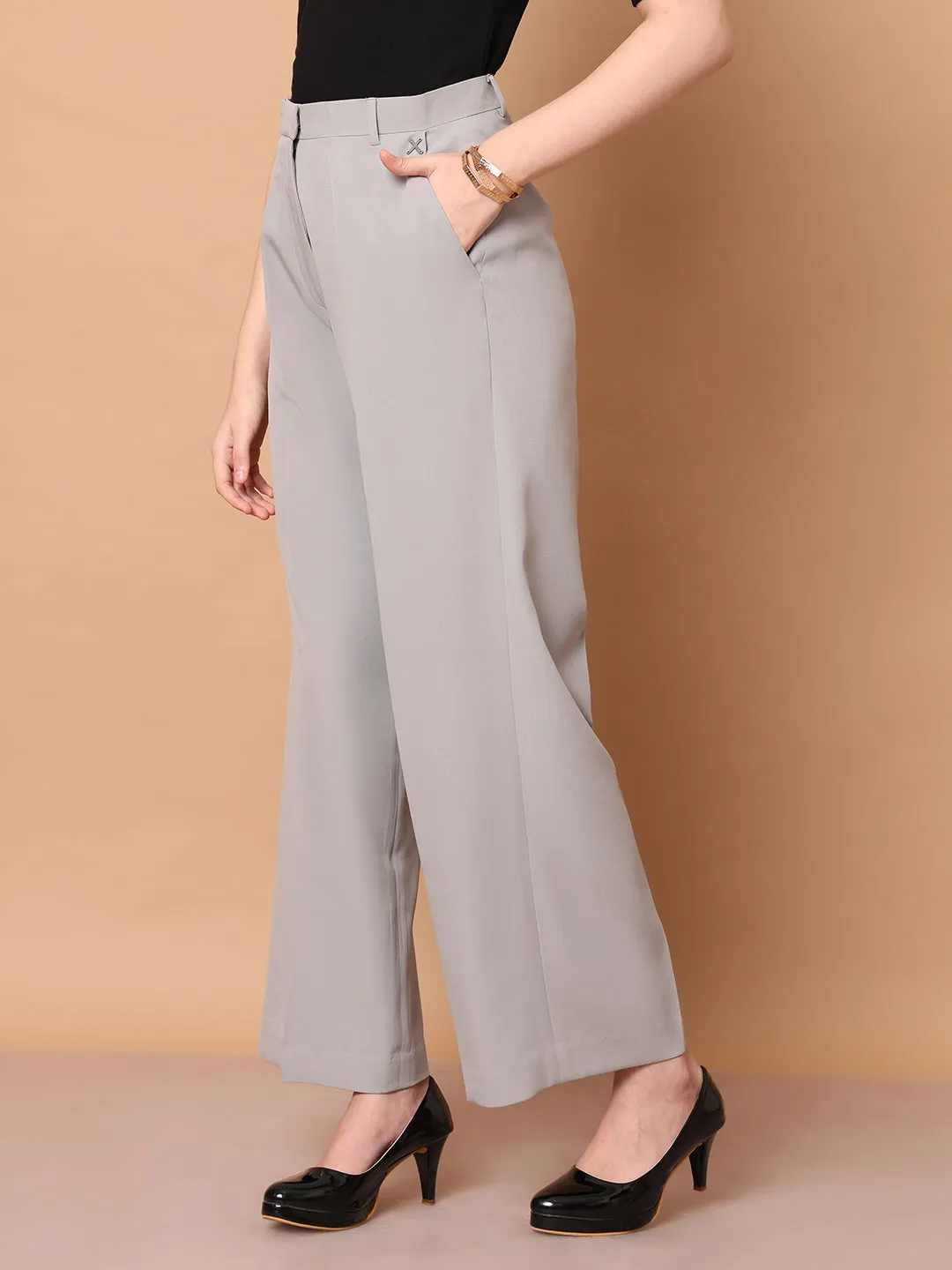 Grey Blended Empowered Chic Wide Leg Trouser