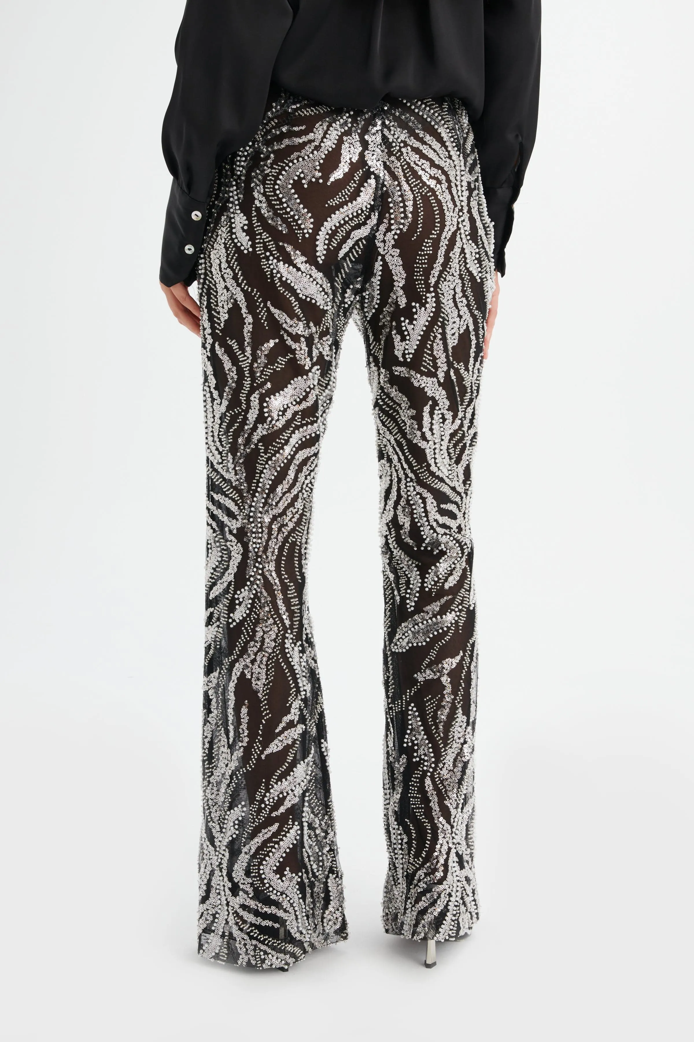 INDIANA Sheer Embellished Fit and Flare Trouser in Black