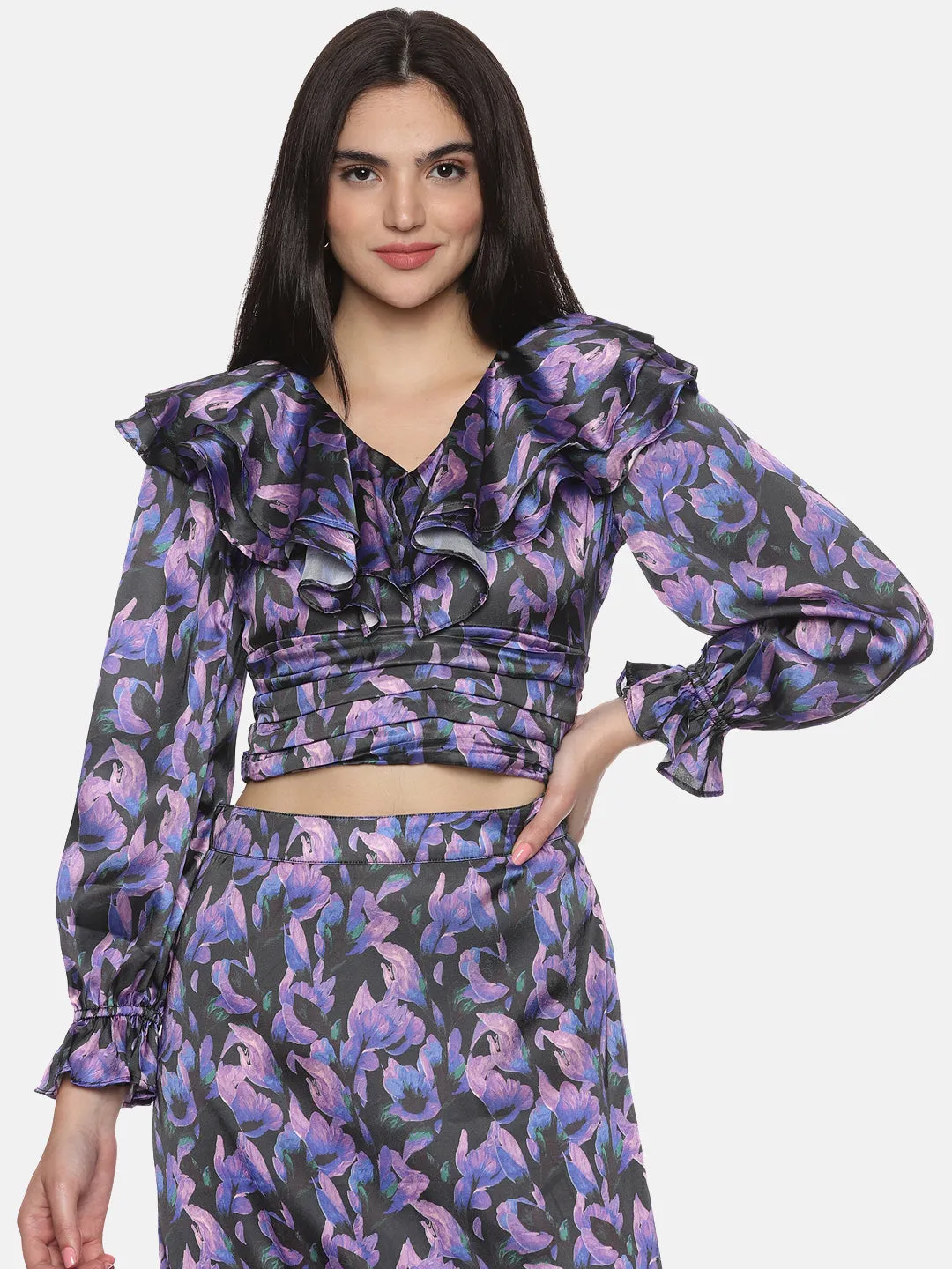 IS.U Floral Purple Ruffle Crop Top