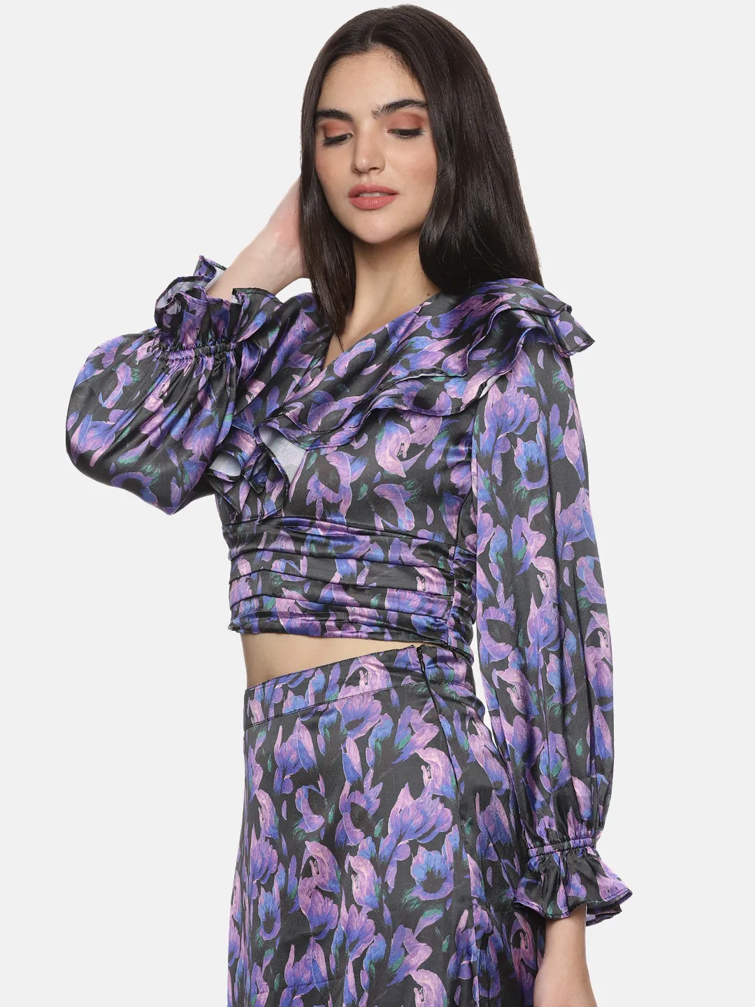 IS.U Floral Purple Ruffle Crop Top