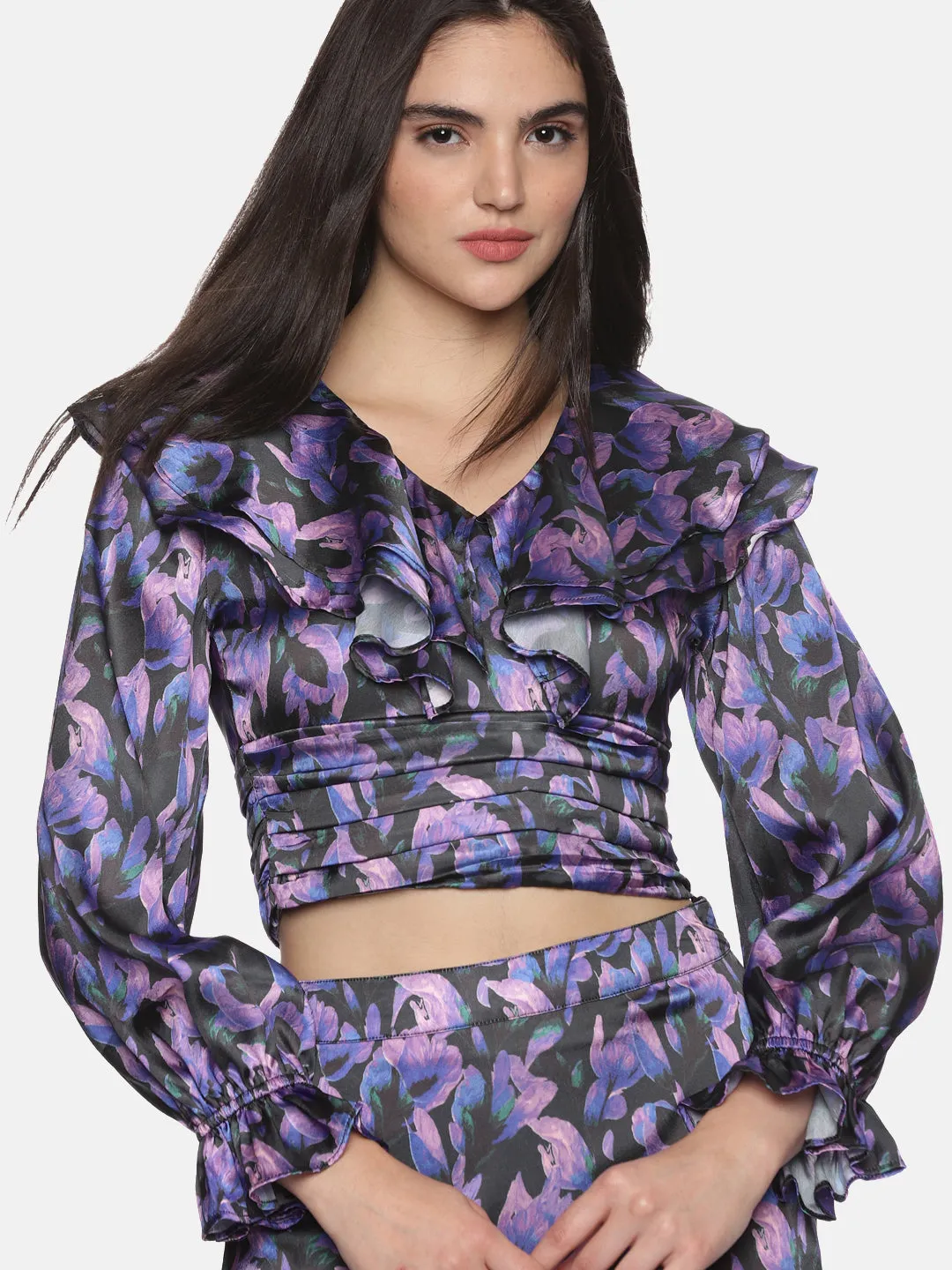 IS.U Floral Purple Ruffle Crop Top