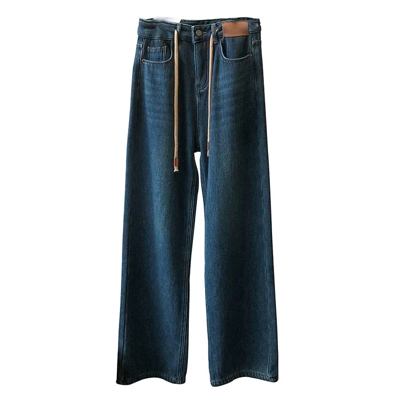 [Korean Style] Fleeced High Waist Drawstring Versatile Wide Leg Jeans