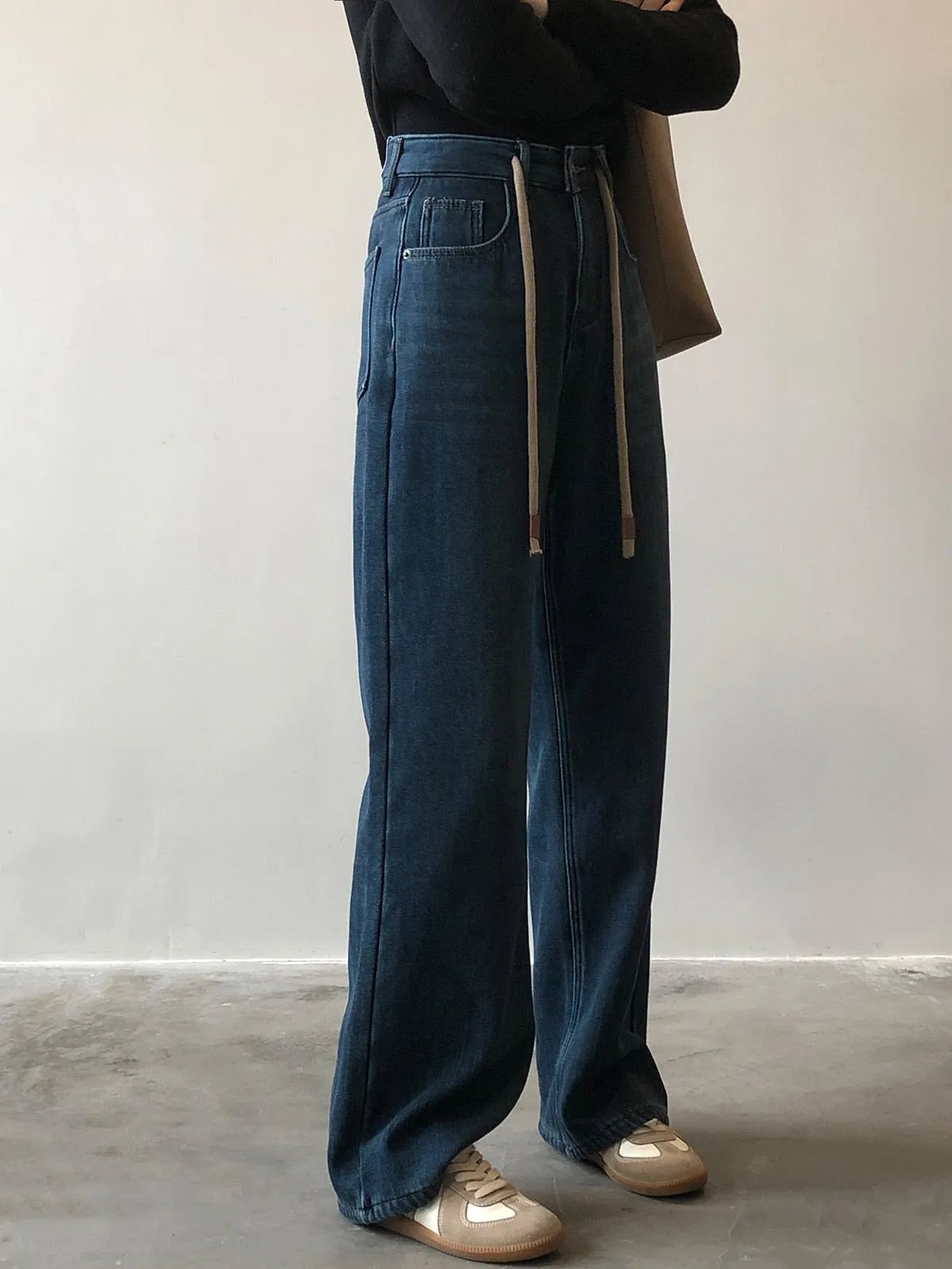 [Korean Style] Fleeced High Waist Drawstring Versatile Wide Leg Jeans