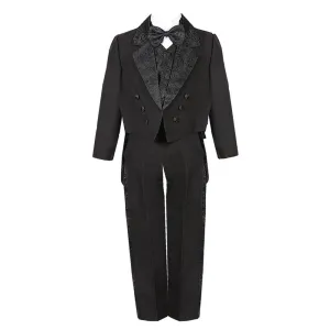 Little Boys Black 5 Piece Vest Pants Tail Jacket Jacquard Tuxedo Suit 2-7