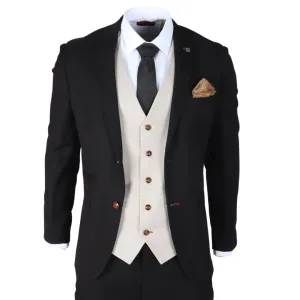 Mayfair - Men's 3 Piece Black Suit With Cream Waistcoat