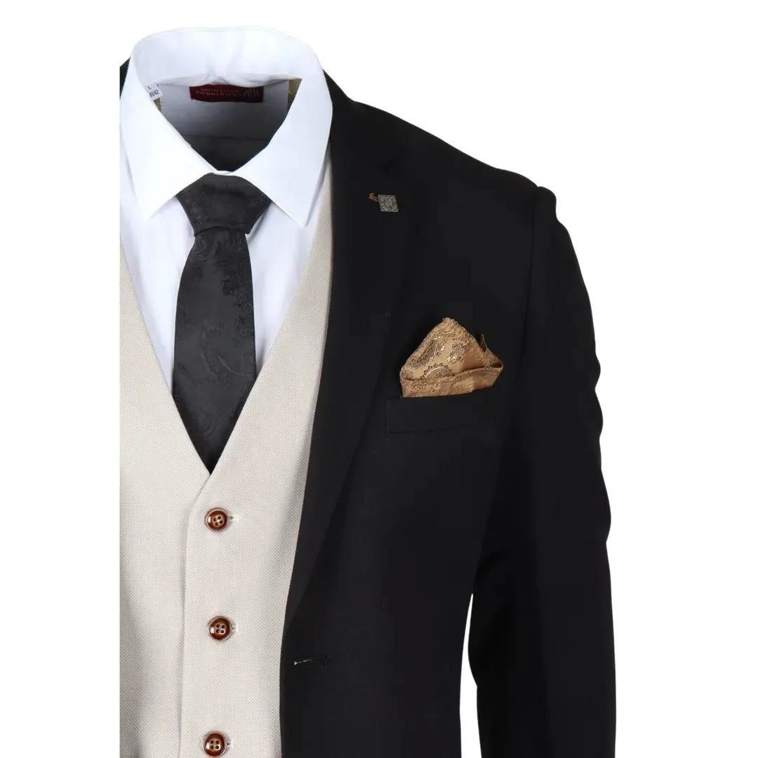 Mayfair - Men's 3 Piece Black Suit With Cream Waistcoat