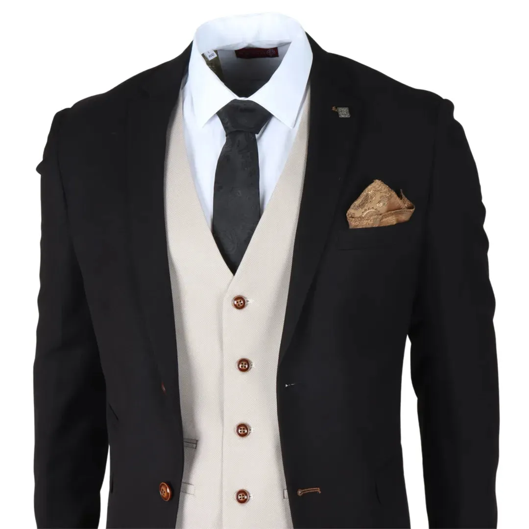 Mayfair - Men's 3 Piece Black Suit With Cream Waistcoat