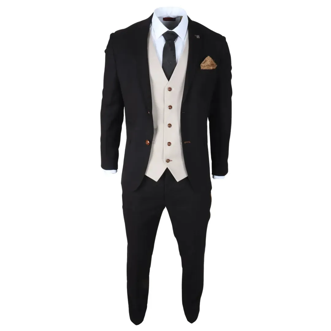 Mayfair - Men's 3 Piece Black Suit With Cream Waistcoat