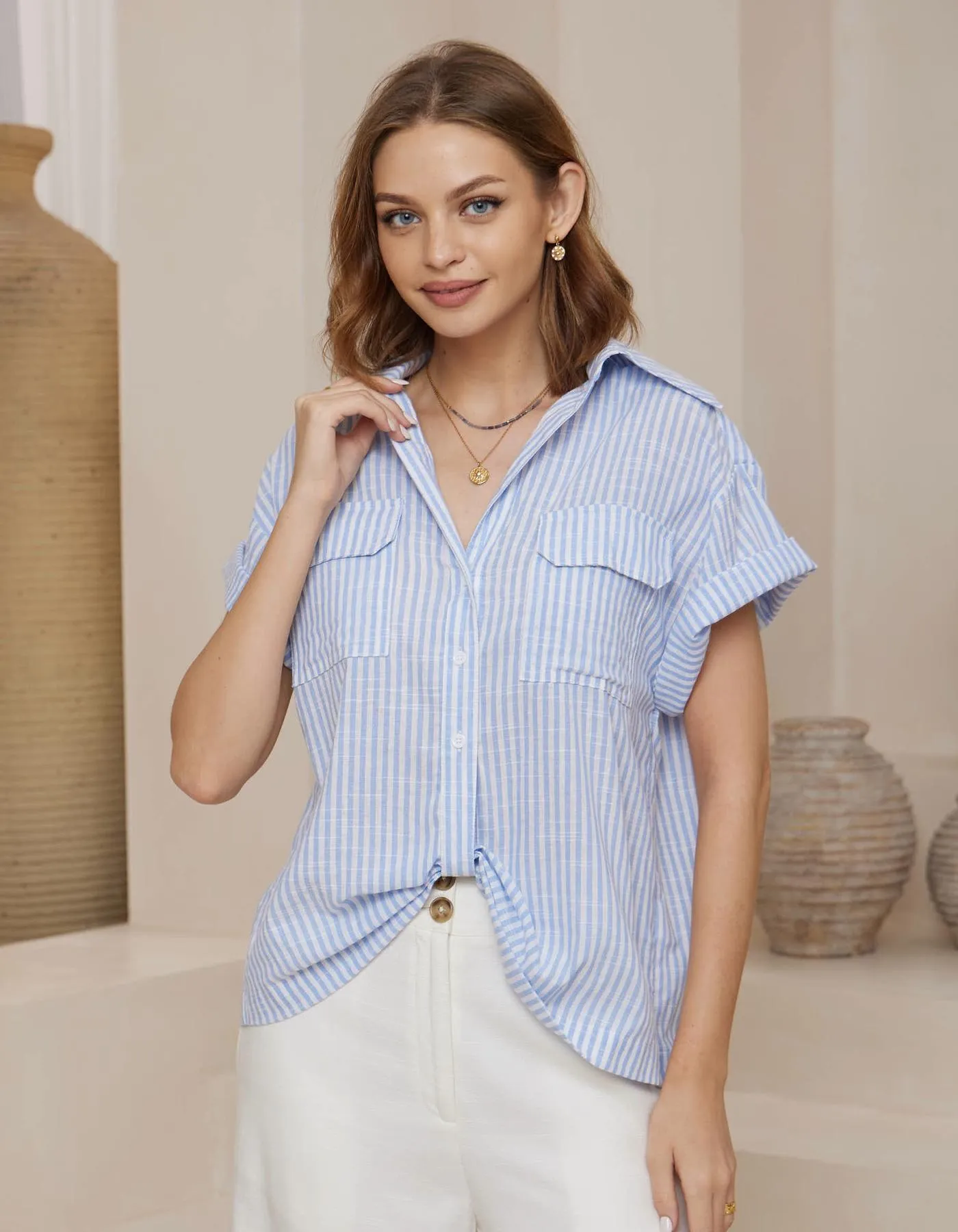 Melia Scoop Front Short Sleeve Shirt in Blue Stripe