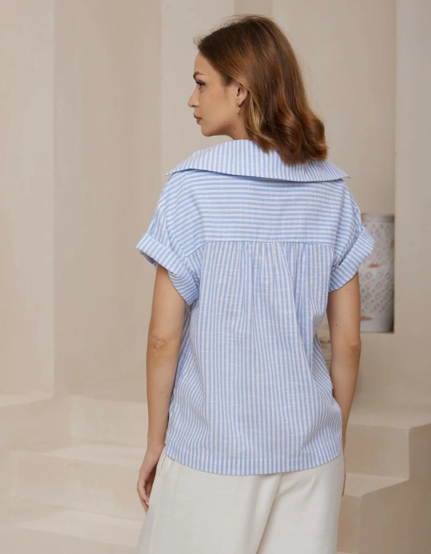 Melia Scoop Front Short Sleeve Shirt in Blue Stripe