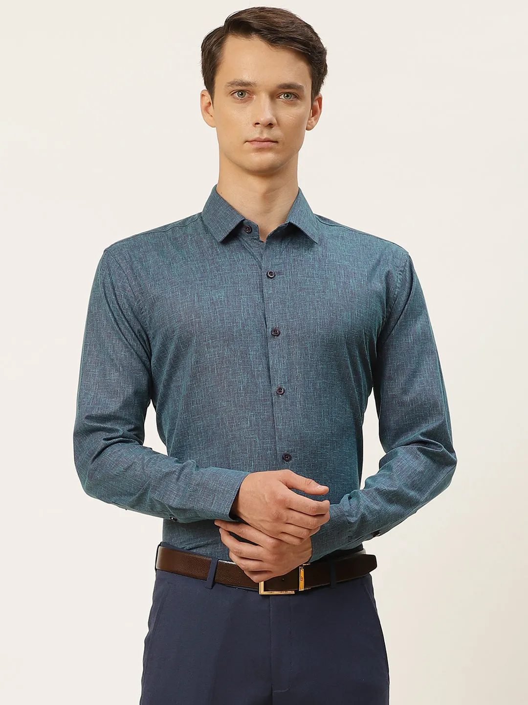 Mens Cotton Linen Teal Blue Solid Formal Shirt - Sojanya