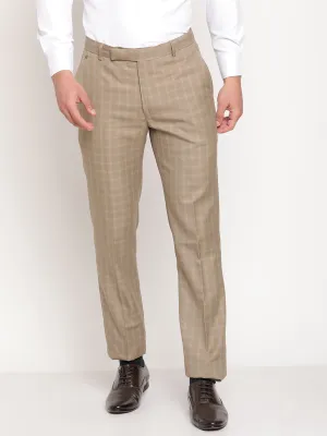 Men's Formal Flat front Beige Checks Trousers