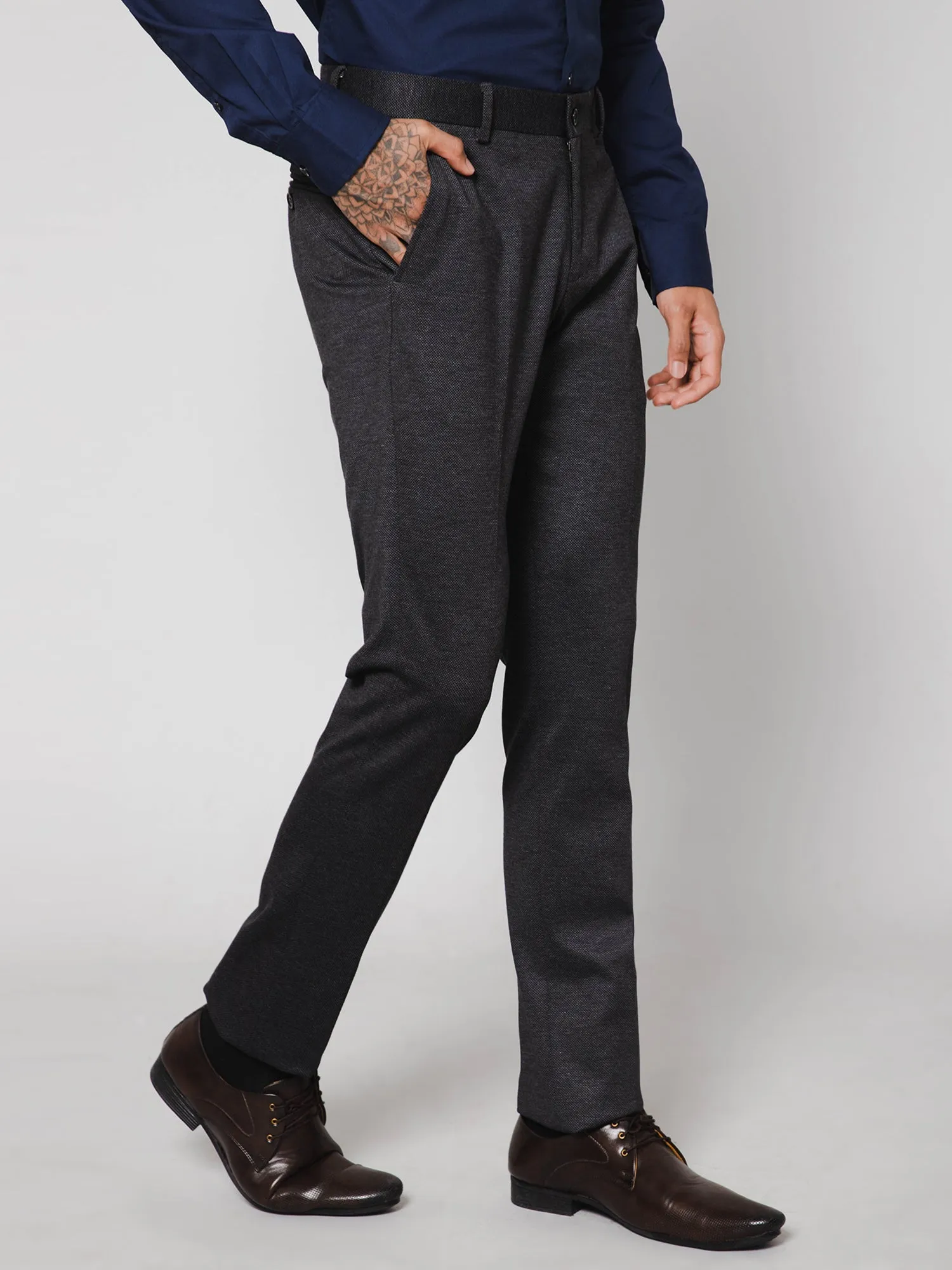 Men's Slim fit Flat front Dark Grey  Trousers