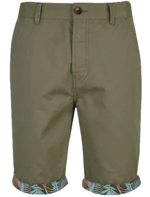 Mentekka Chino Shorts with Tropical Print Turn Up Hem in Khaki