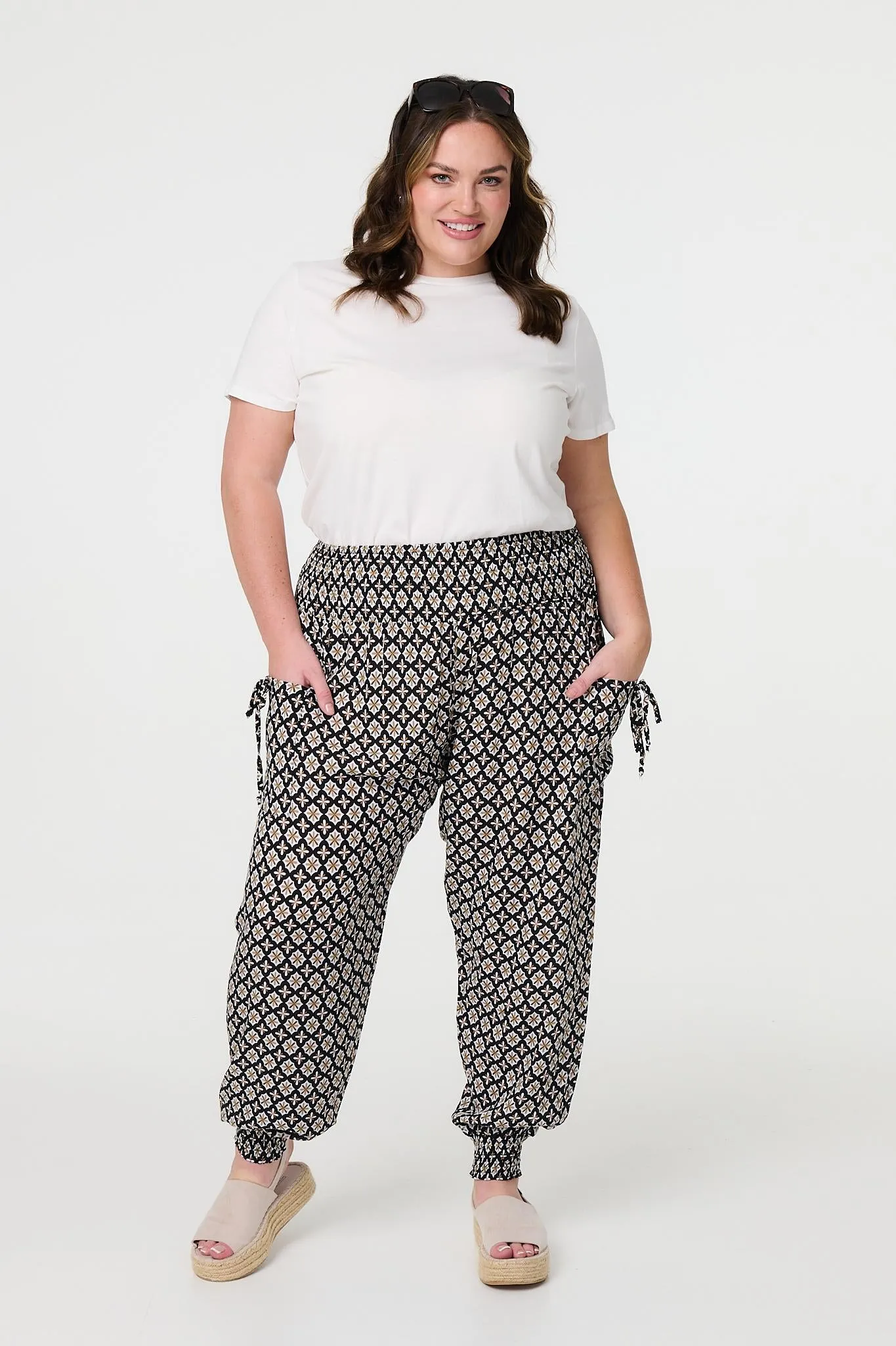 Mosaic Print Shirred Harem Pants